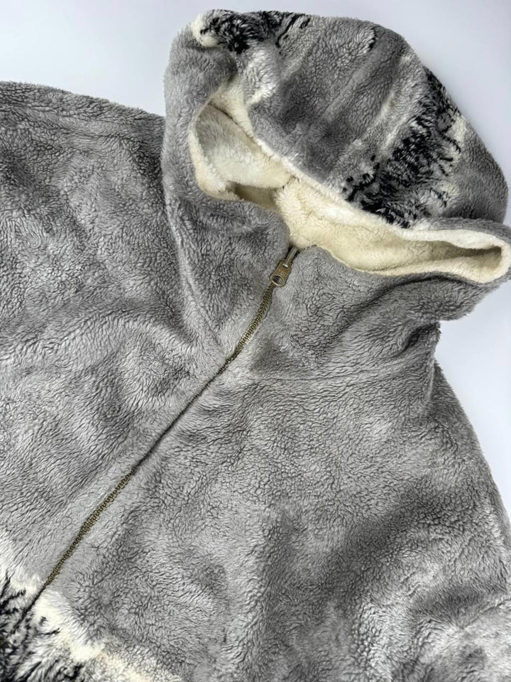 Vintage Gray and White Patterned Fleece Hooded Jacket