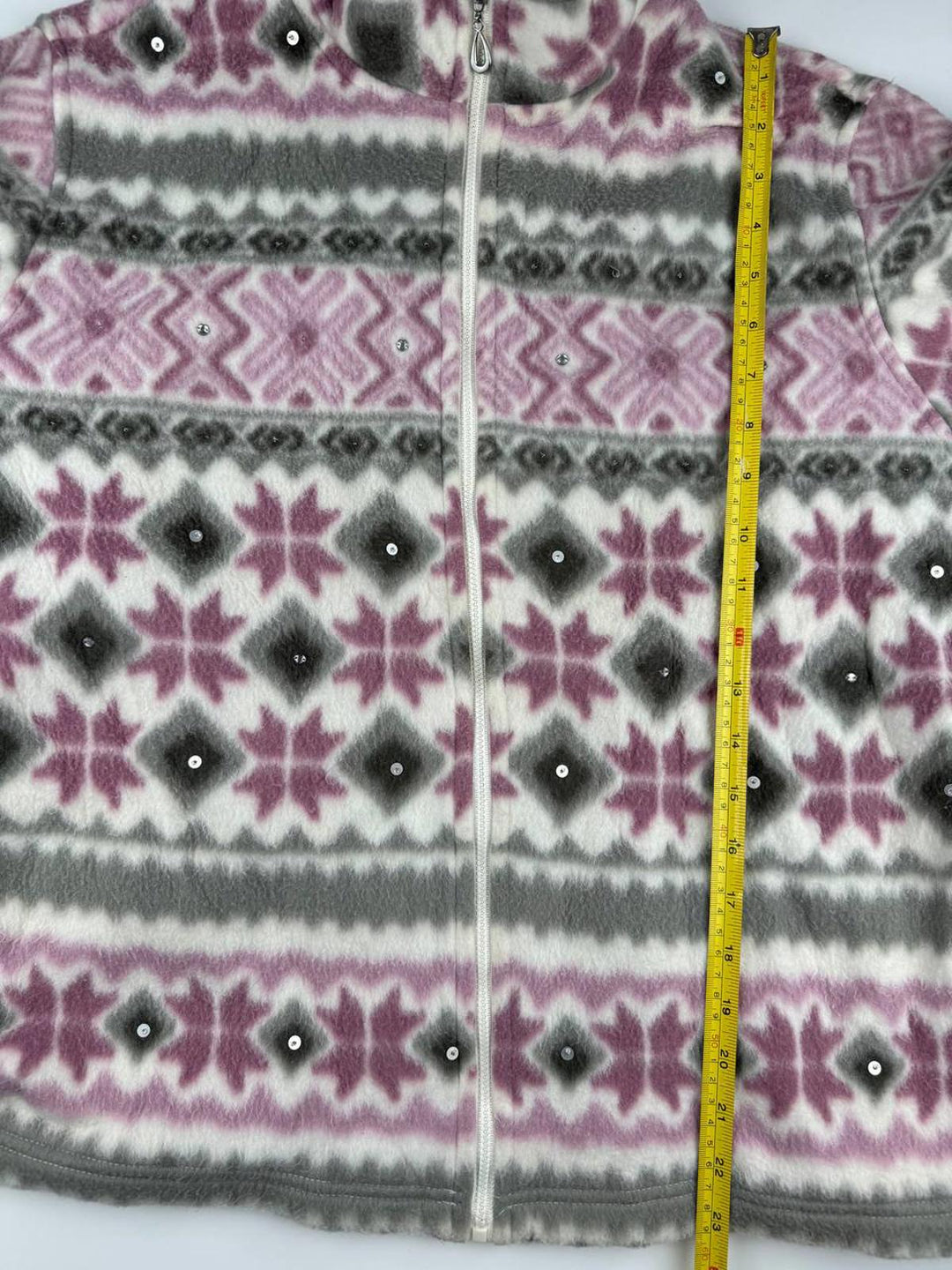 Vintage Women's Zip-Up Fleece Jacket with Pink and Gray Pattern