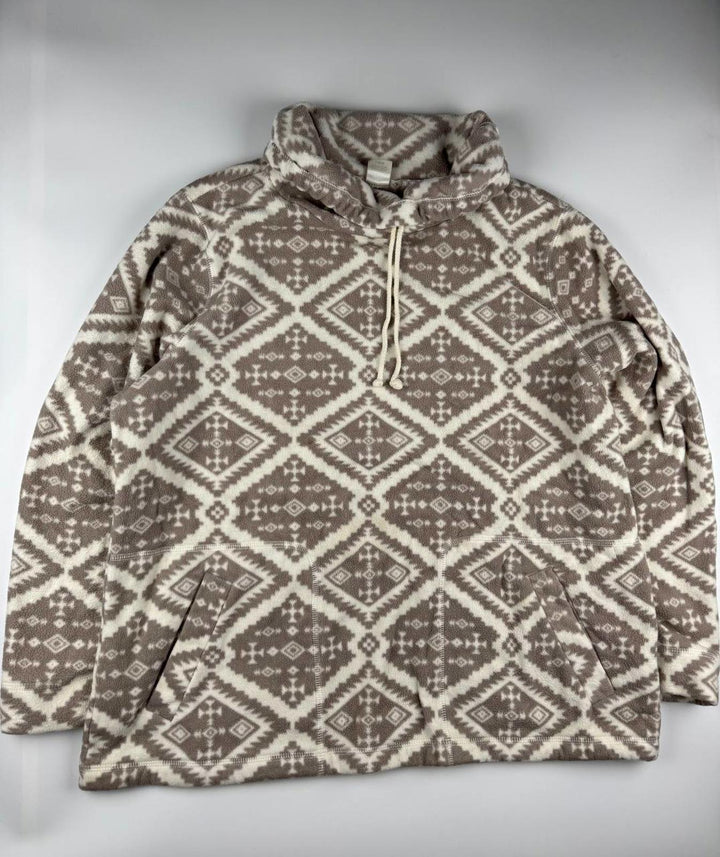 Vintage Patterned Fleece Hoodie Size L