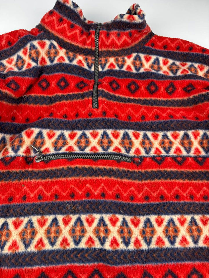 Vintage Red Patterned Fleece Jacket with Half-Zip and Front Pocket