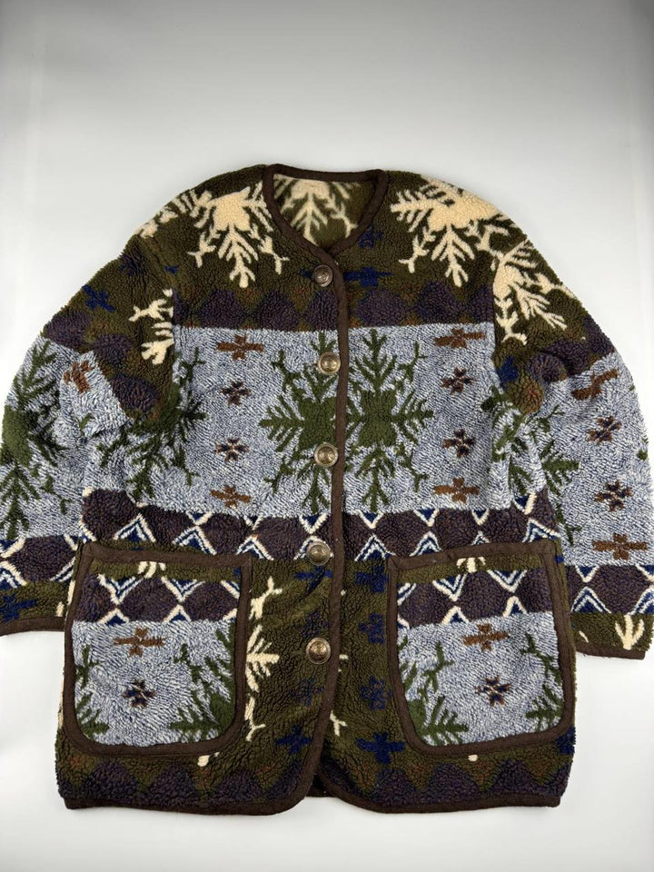 Vintage Button-Up Fleece Cardigan with Snowflake Pattern UK 14