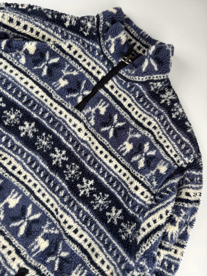 Vintage Navy and White Patterned Fleece Quarter-Zip Pullover Sweater