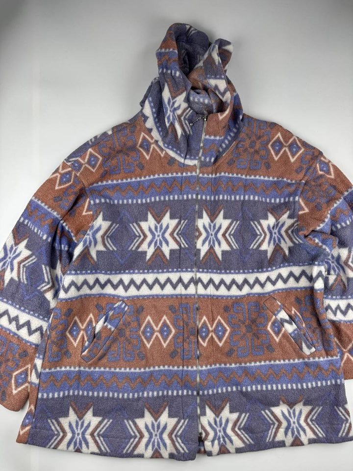 Vintage Women's Patterned Zip-Up Fleece Jacket with Hood