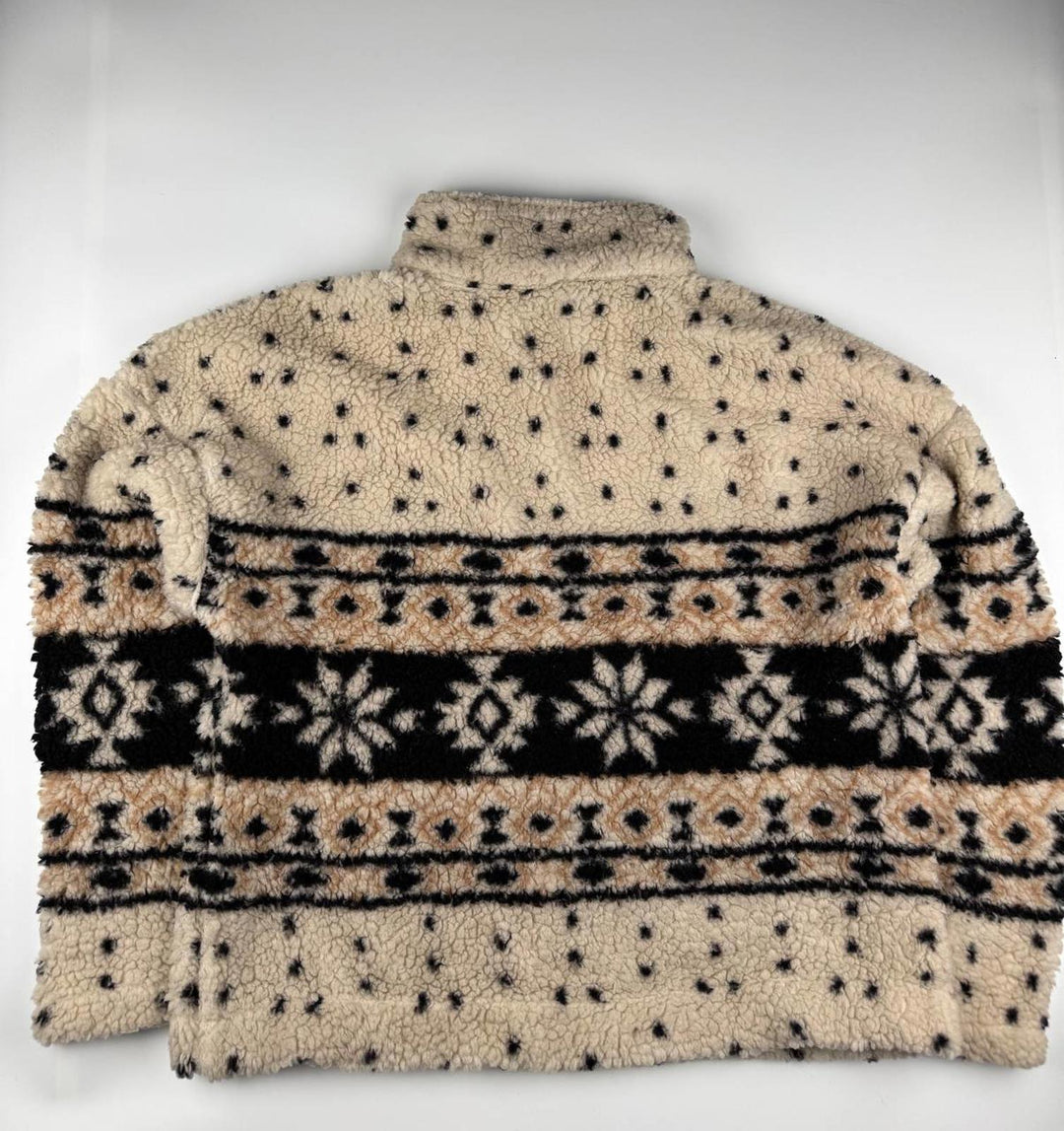 Vintage Fleece Jacket with Zip-Up Collar and Patterned Design