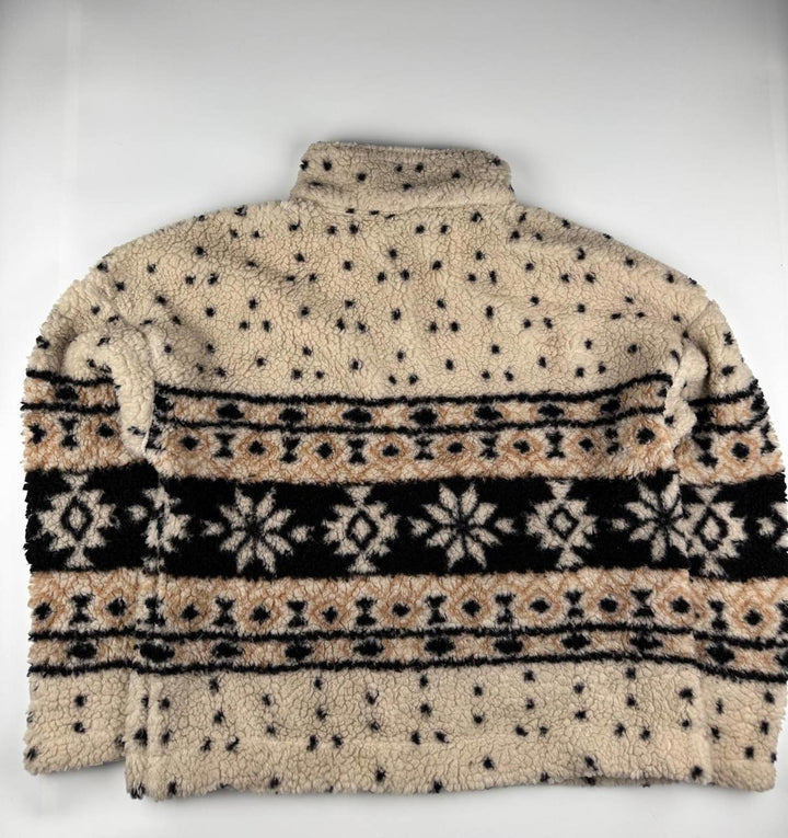 Vintage Fleece Jacket with Zip-Up Collar and Patterned Design
