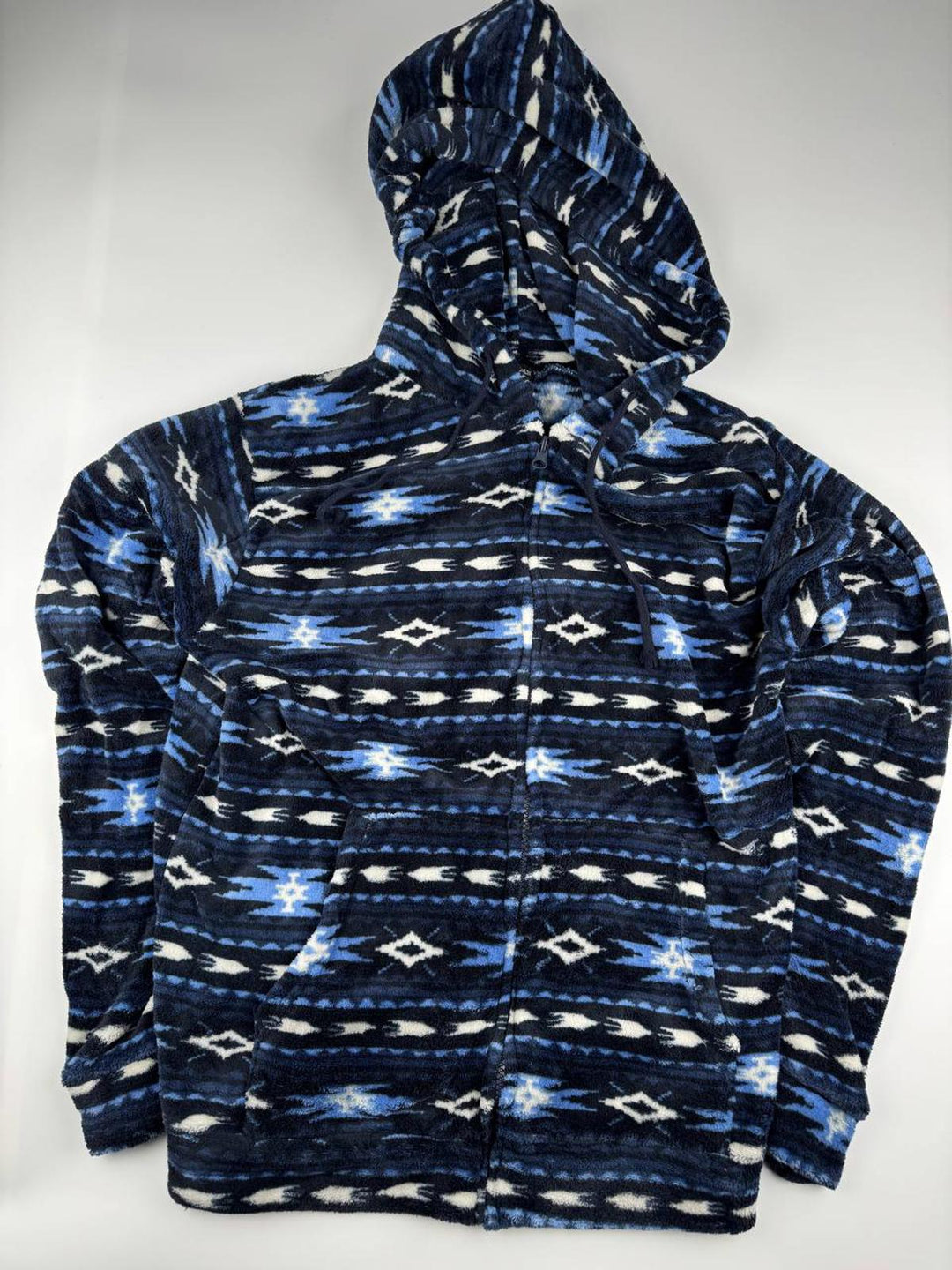 Vintage Blue Patterned Hooded Fleece Pullover Hoodie Size L