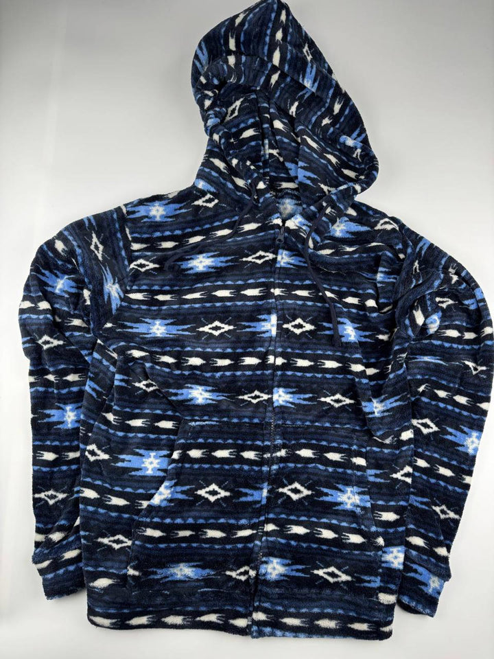 Vintage Blue Patterned Hooded Fleece Pullover Hoodie Size L