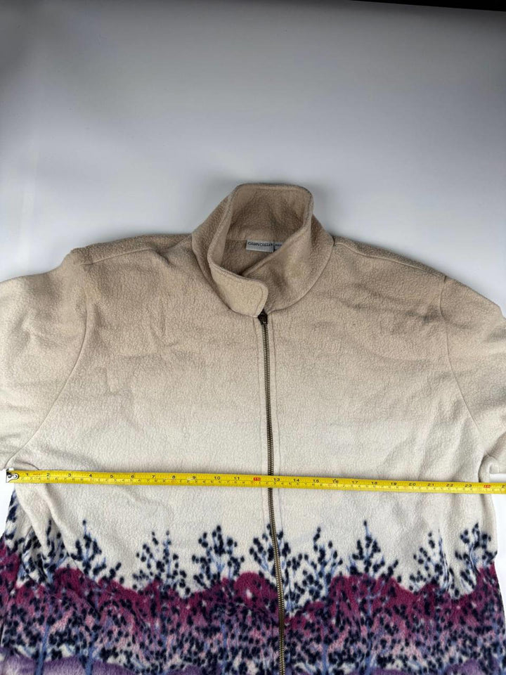 Women's Vintage Beige and Purple Patterned Fleece Jacket with Full Zipper