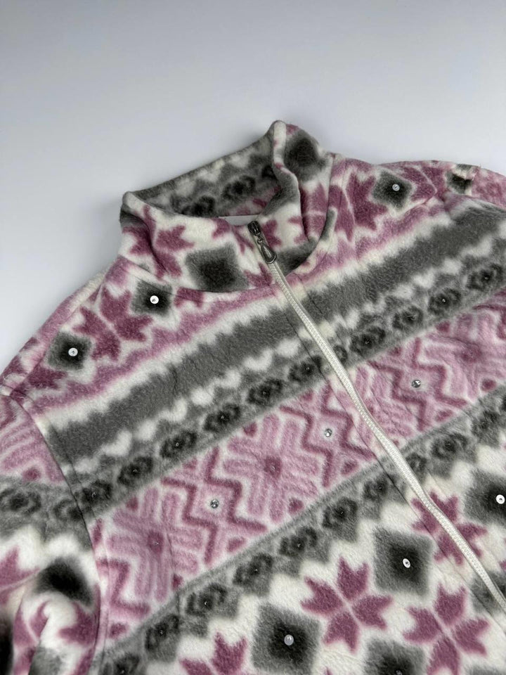 Vintage Women's Zip-Up Fleece Jacket with Pink and Gray Pattern
