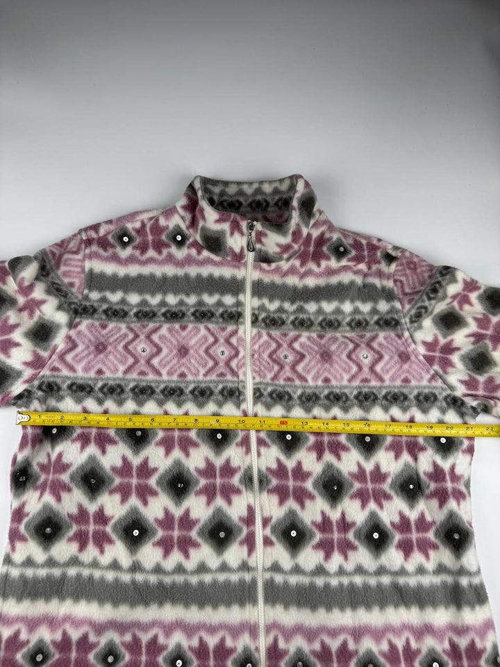 Vintage Women's Zip-Up Fleece Jacket with Pink and Gray Pattern