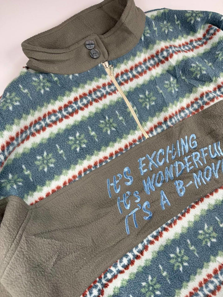 Vintage B Movie Fleece Jacket with Pattern and Embroidered Text