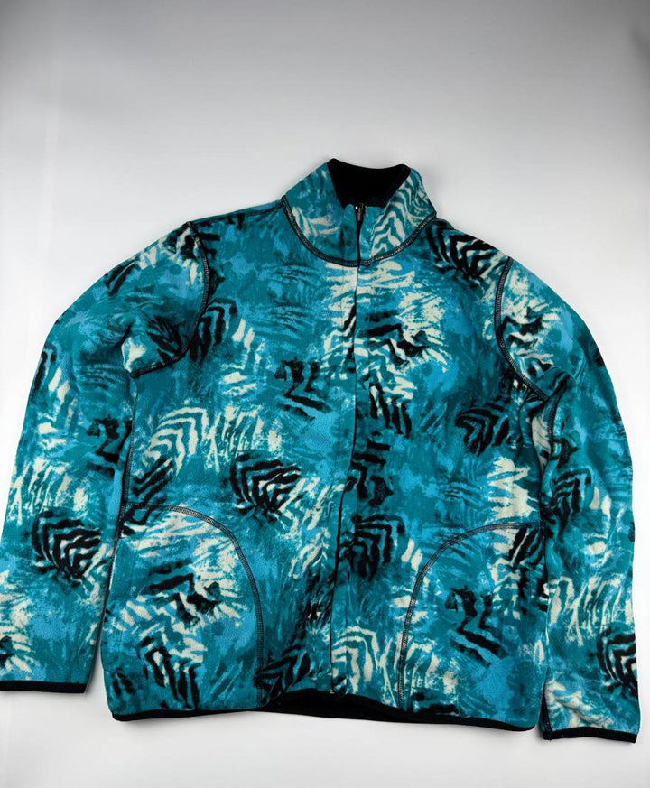 Vintage Blue Patterned Fleece Jacket with Zip-Up Collar