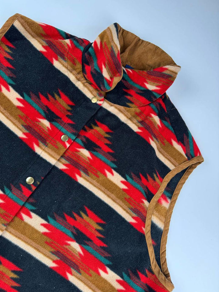 Vintage Patterned Fleece Vest with Snap Buttons