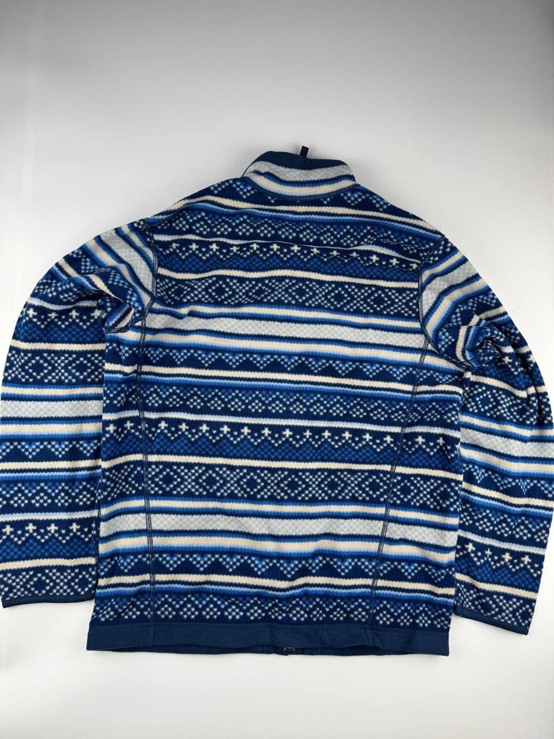 Vintage Blue and White Patterned Zip-Up Sweater Fleece
