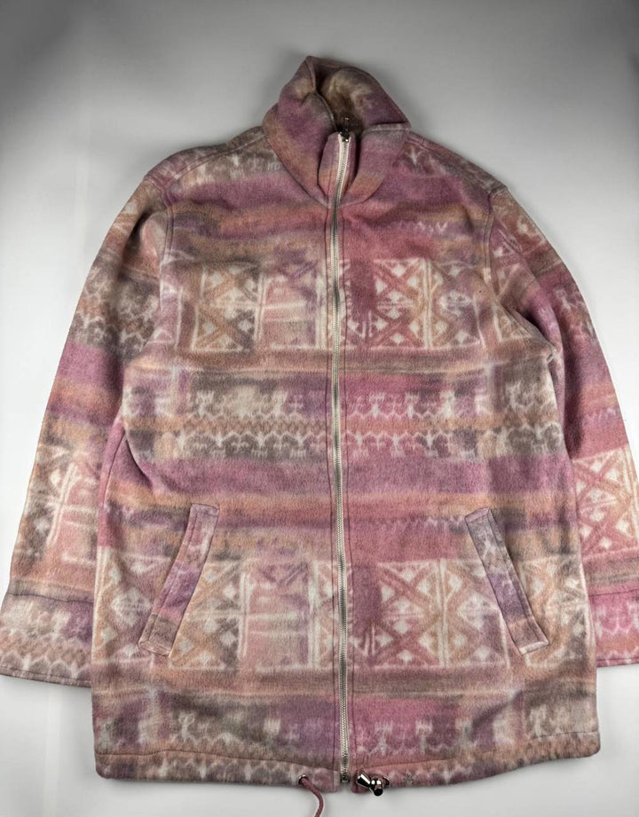 Women's Pink and Beige Patterned Fleece Jacket