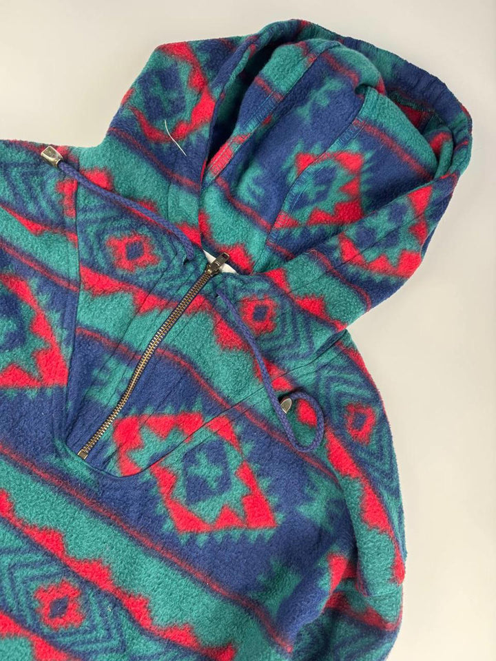Vintage Hooded Fleece Pullover with Geometric Pattern