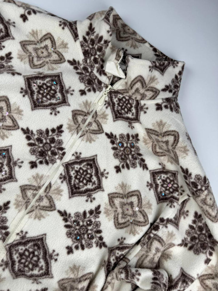 Vintage Women's Fleece Jacket with Brown Pattern and Rhinestone Accents