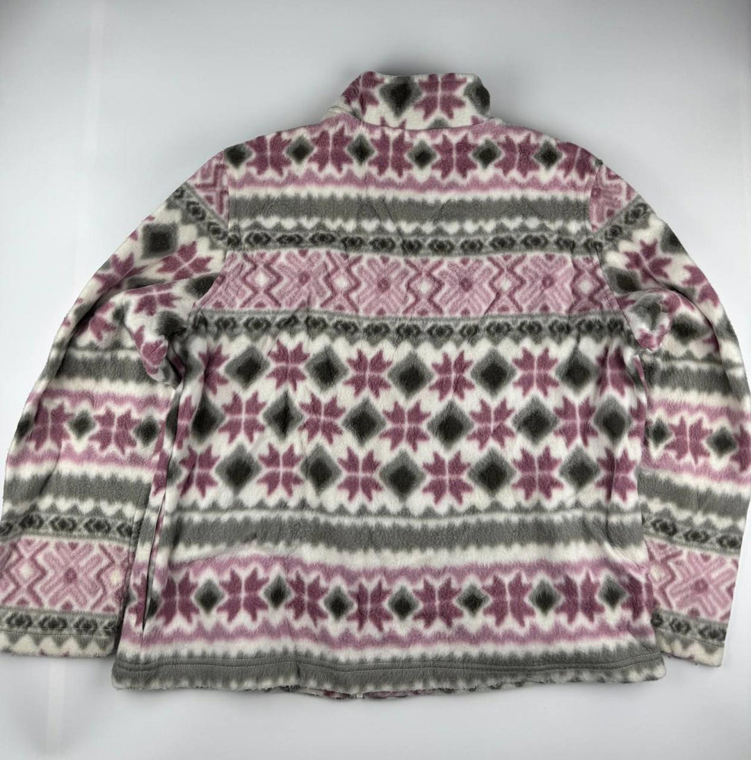 Vintage Women's Zip-Up Fleece Jacket with Pink and Gray Pattern