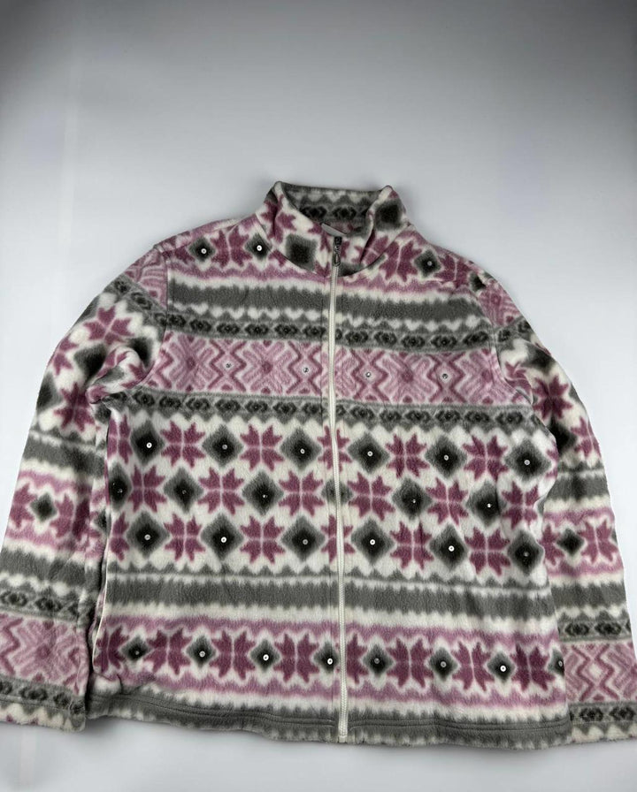 Vintage Women's Zip-Up Fleece Jacket with Pink and Gray Pattern