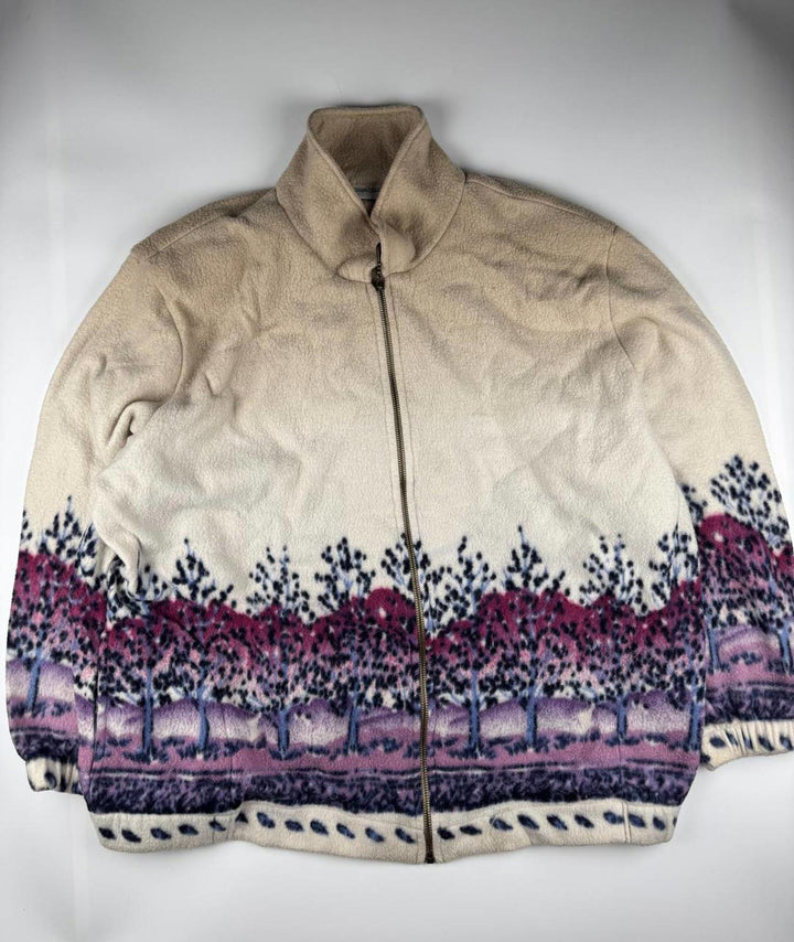 Women's Vintage Beige and Purple Patterned Fleece Jacket with Full Zipper