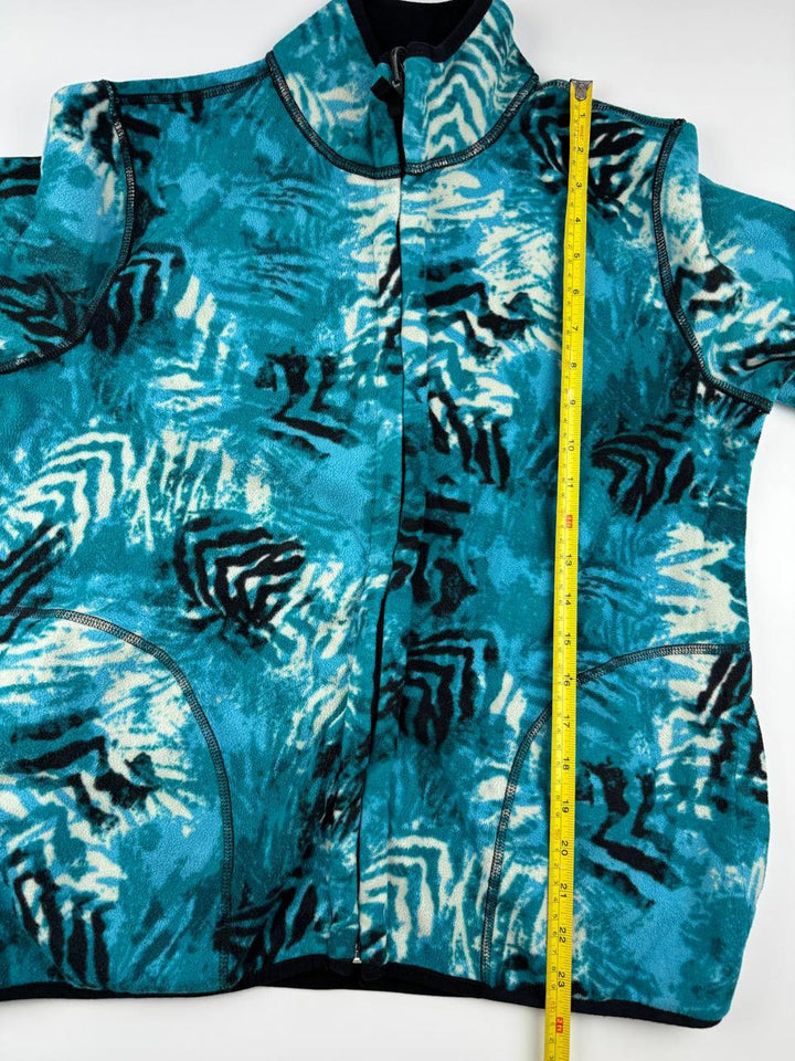 Vintage Blue Patterned Fleece Jacket with Zip-Up Collar