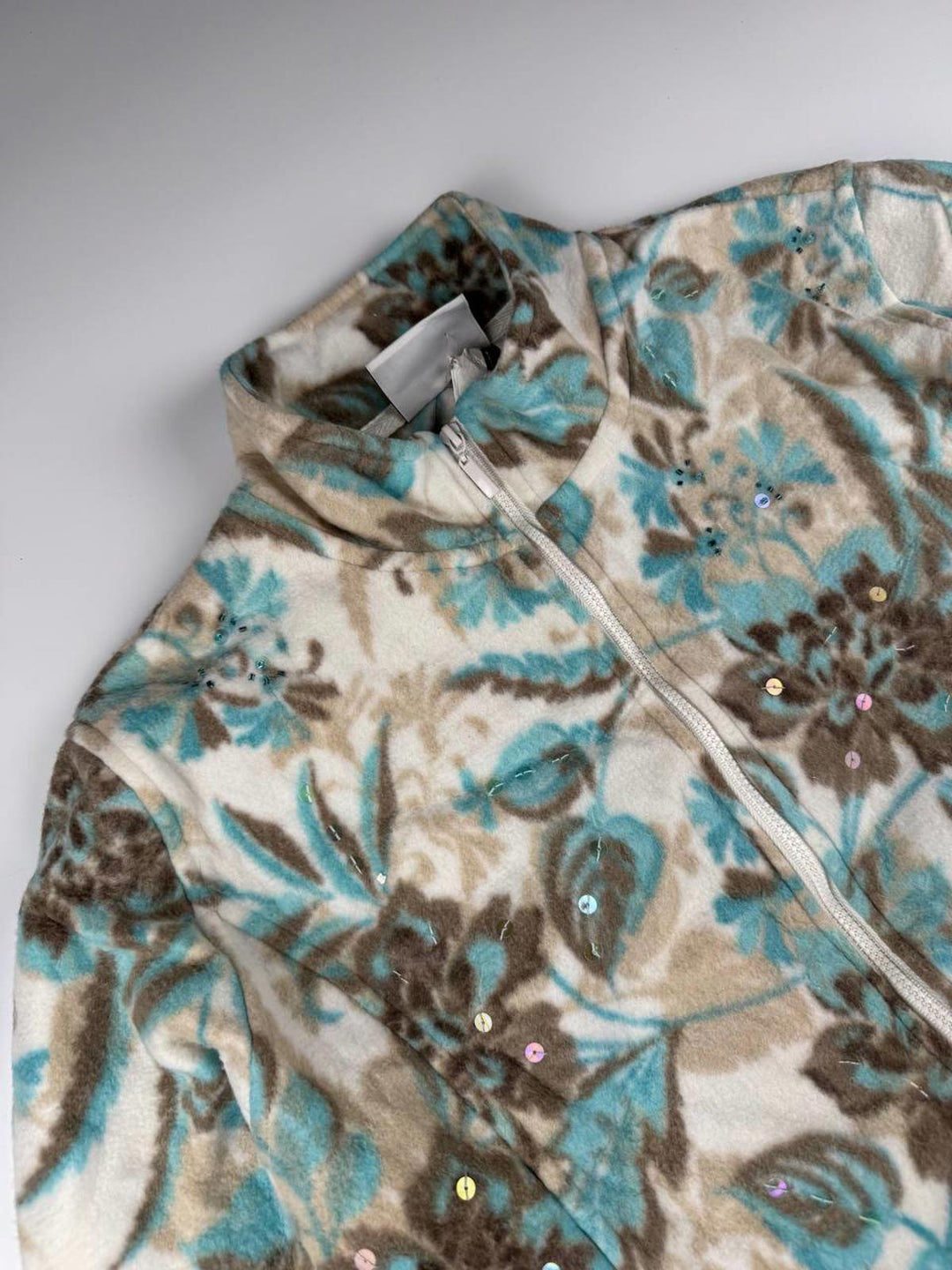 Vintage Floral Patterned Zip-Up Fleece Jacket with Sequins