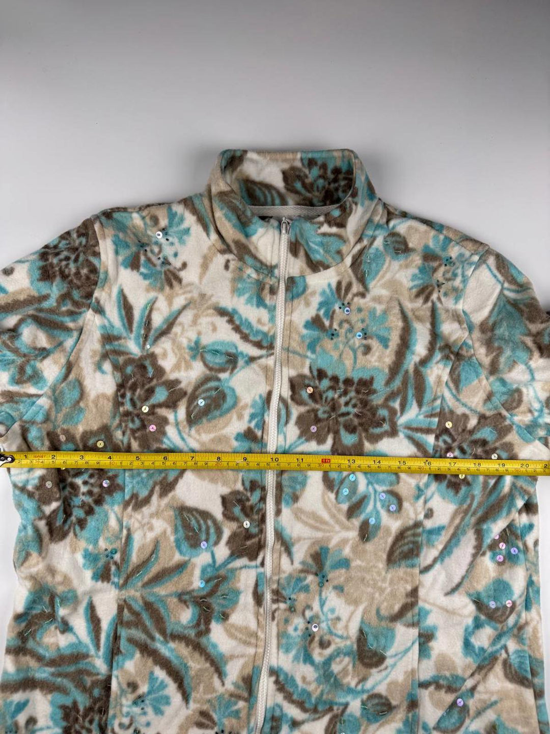 Vintage Floral Patterned Zip-Up Fleece Jacket with Sequins
