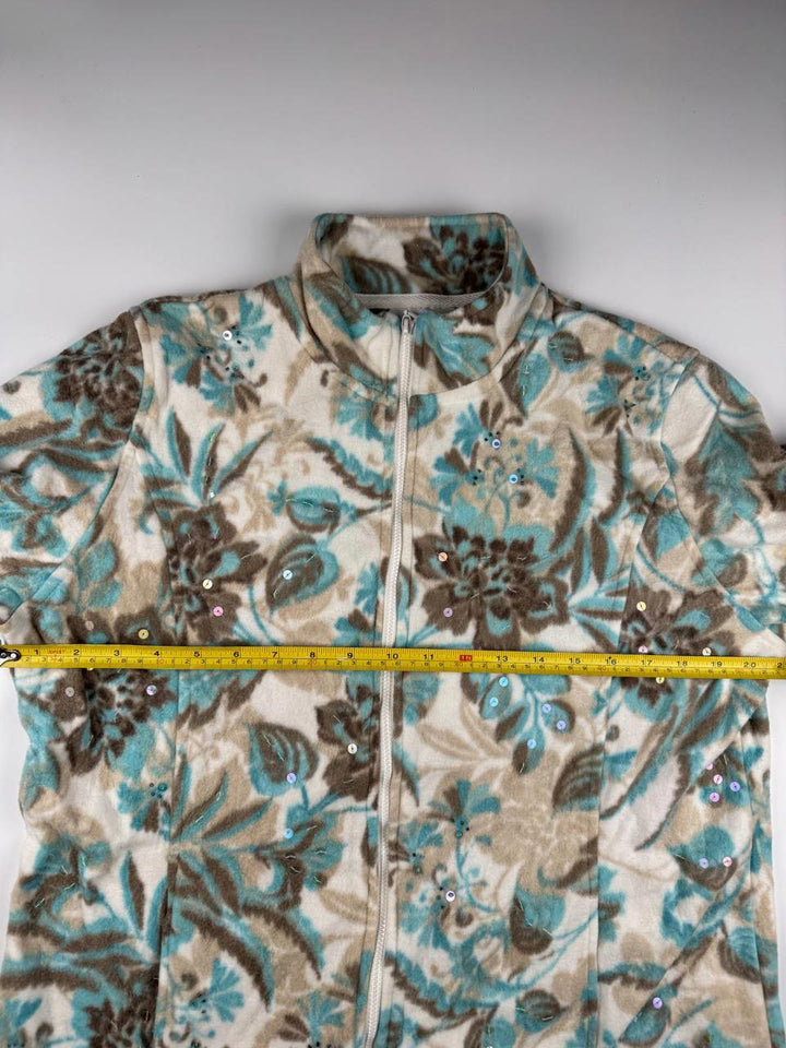 Vintage Floral Patterned Zip-Up Fleece Jacket with Sequins