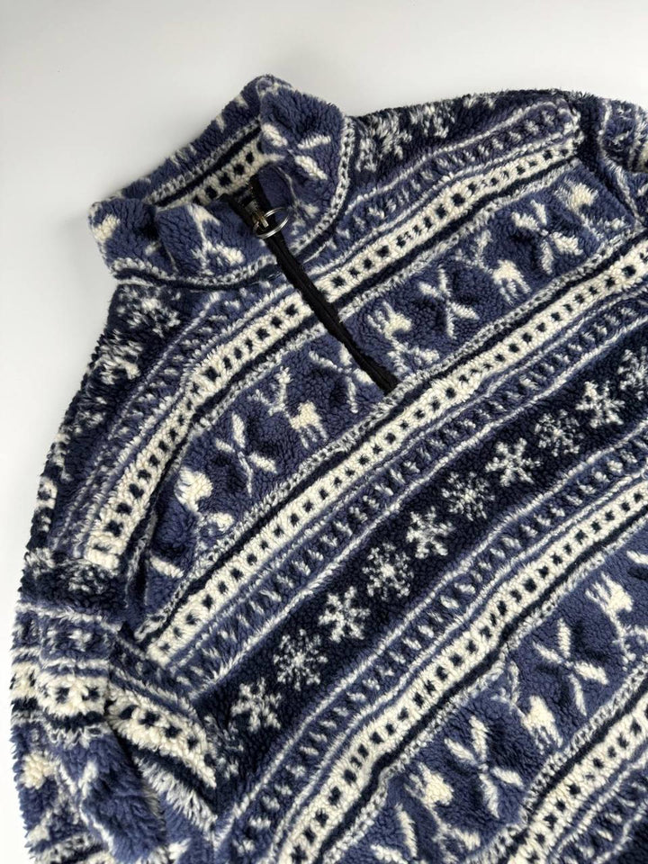 Vintage Navy and White Patterned Fleece Quarter-Zip Pullover Sweater