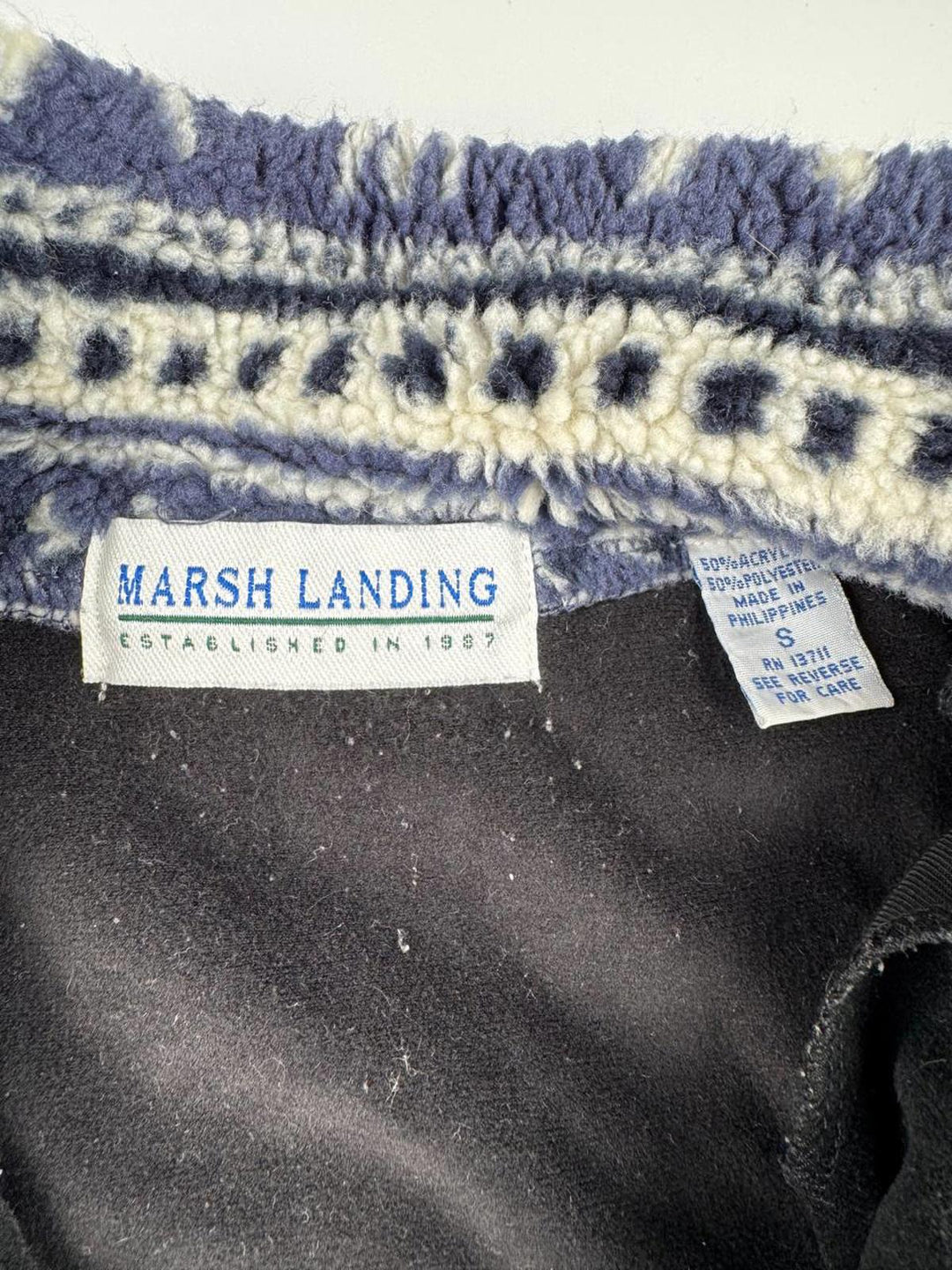 Vintage Navy and White Patterned Fleece Quarter-Zip Pullover Sweater