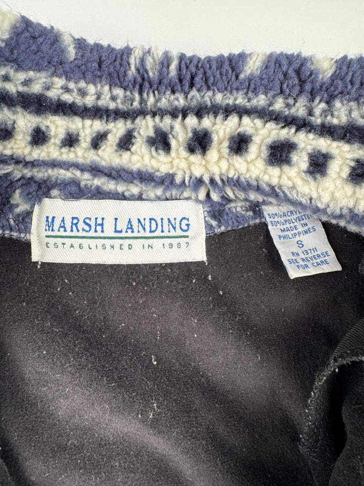 Vintage Navy and White Patterned Fleece Quarter-Zip Pullover Sweater