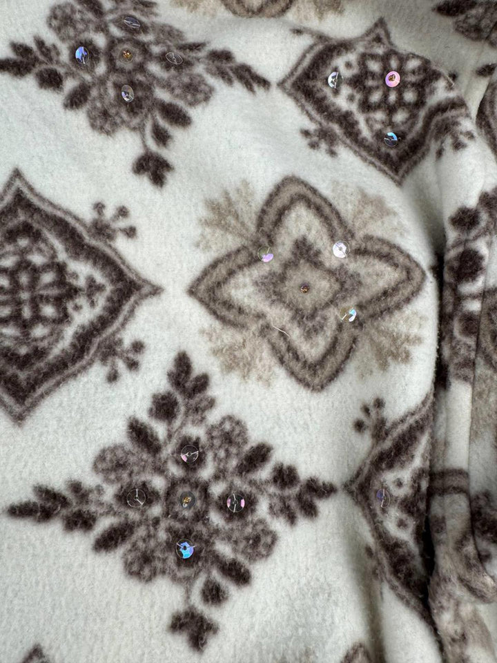 Vintage Women's Fleece Jacket with Brown Pattern and Rhinestone Accents