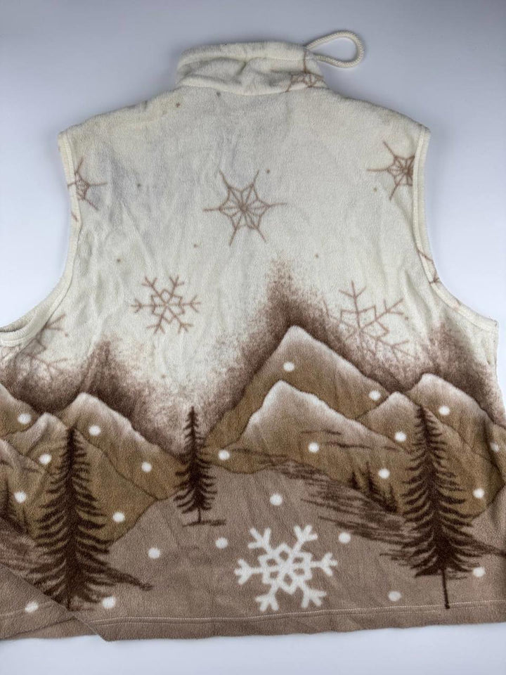 Vintage Sleeveless Fleece Vest with Mountain and Snowflake Design