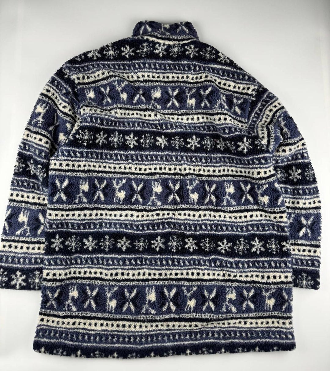 Vintage Navy and White Patterned Fleece Quarter-Zip Pullover Sweater