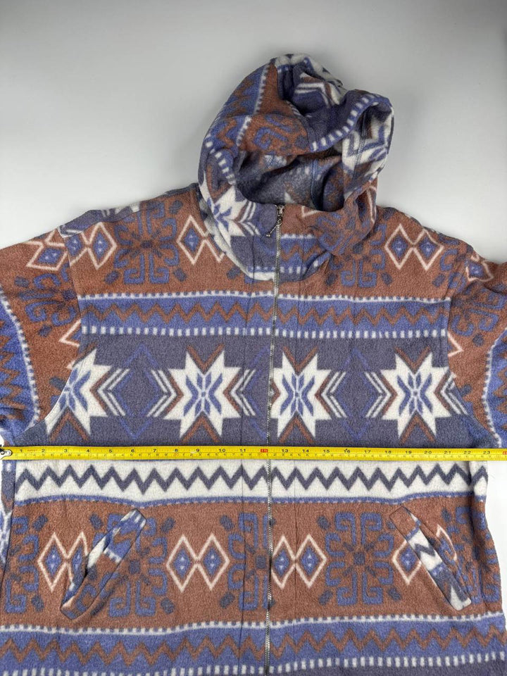 Vintage Women's Patterned Zip-Up Fleece Jacket with Hood