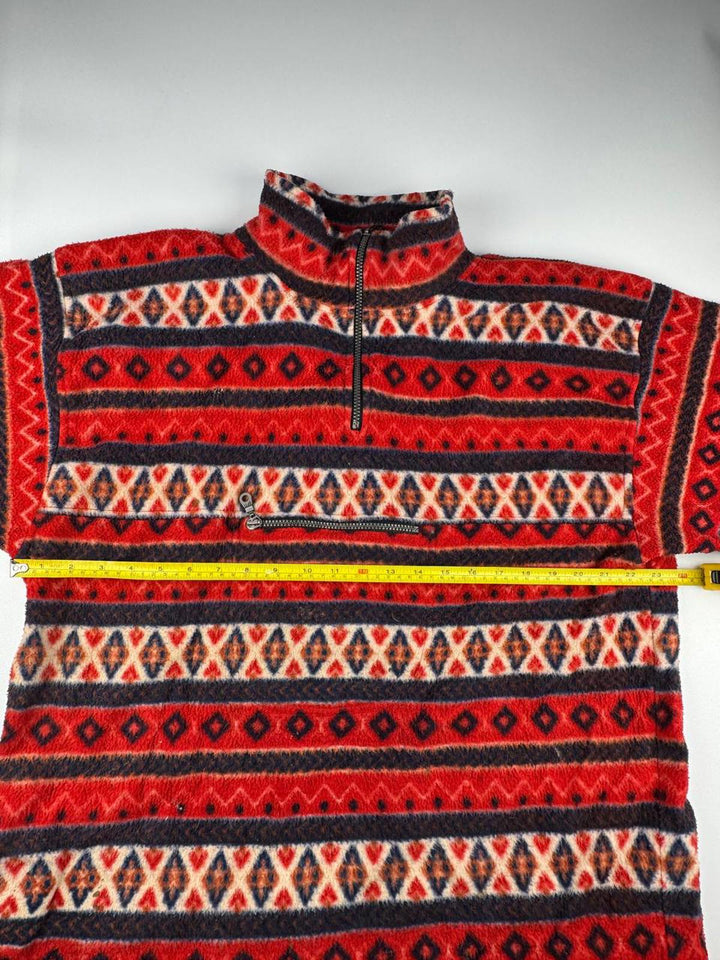Vintage Red Patterned Fleece Jacket with Half-Zip and Front Pocket