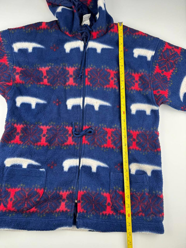Vintage Blue and Red Patterned Fleece Jacket with Hood