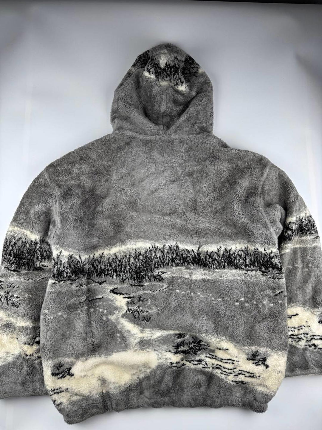 Vintage Gray and White Patterned Fleece Hooded Jacket