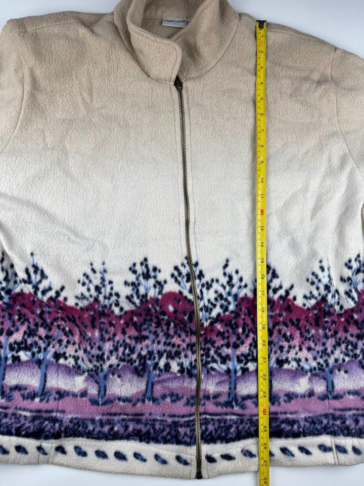 Women's Vintage Beige and Purple Patterned Fleece Jacket with Full Zipper