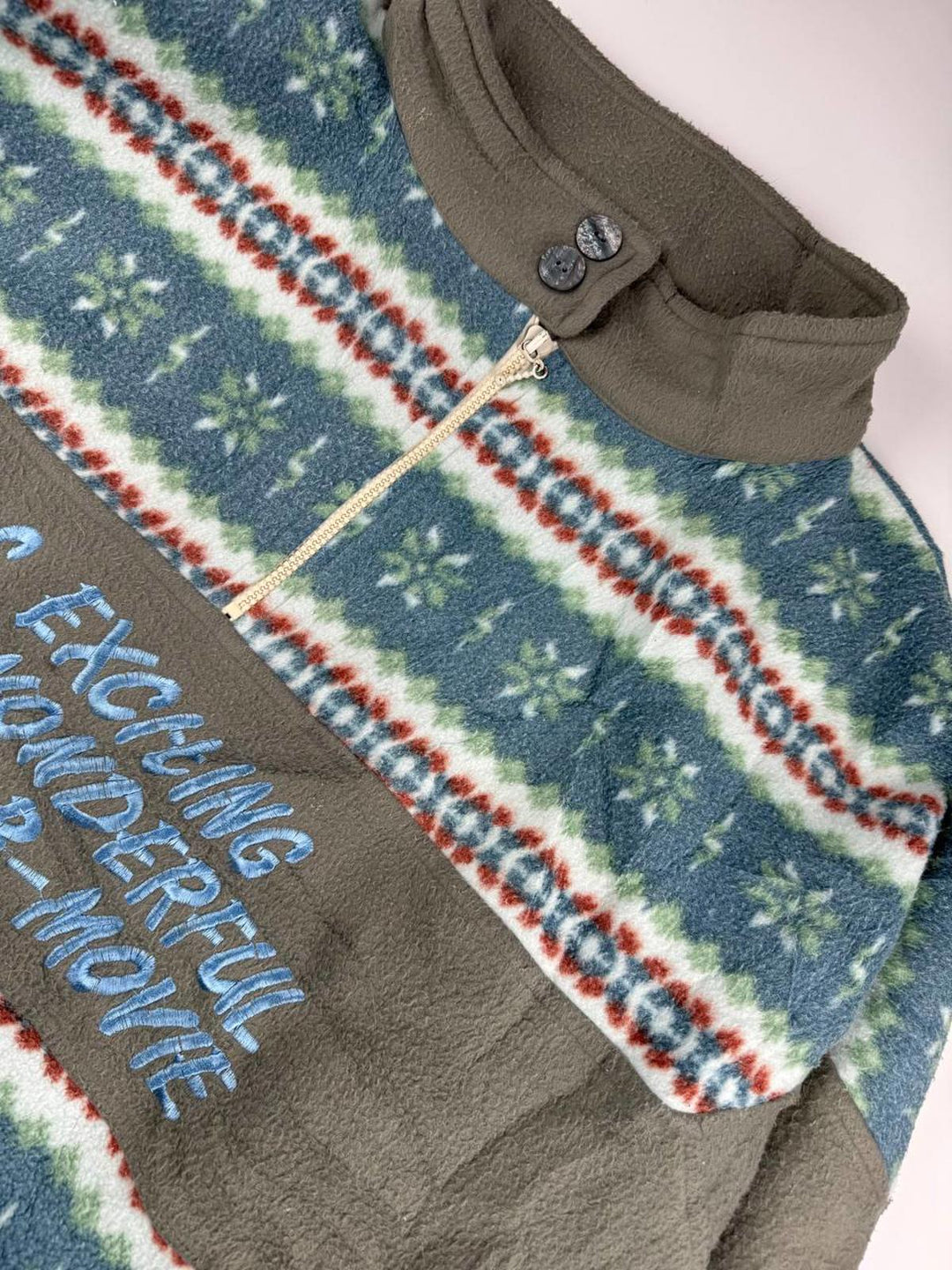 Vintage B Movie Fleece Jacket with Pattern and Embroidered Text
