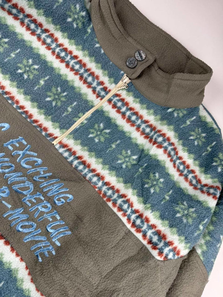 Vintage B Movie Fleece Jacket with Pattern and Embroidered Text