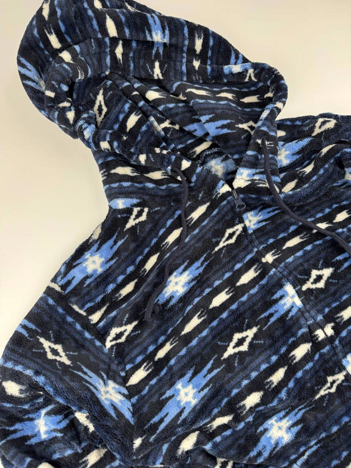 Vintage Blue Patterned Hooded Fleece Pullover Hoodie Size L