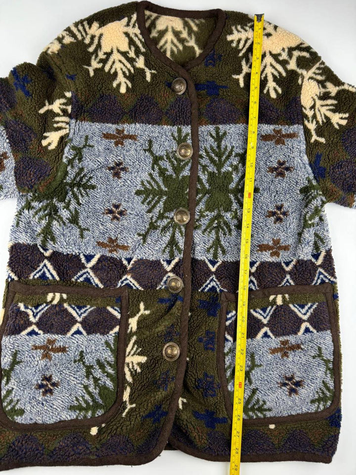 Vintage Button-Up Fleece Cardigan with Snowflake Pattern UK 14