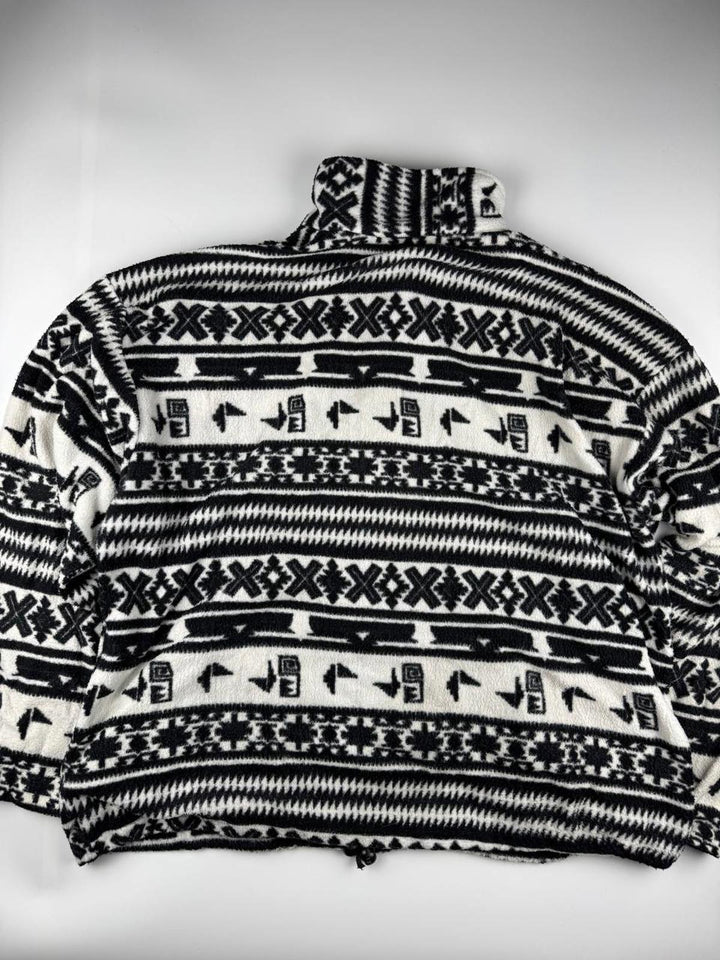 Vintage Men's Black and White Patterned Fleece Jacket