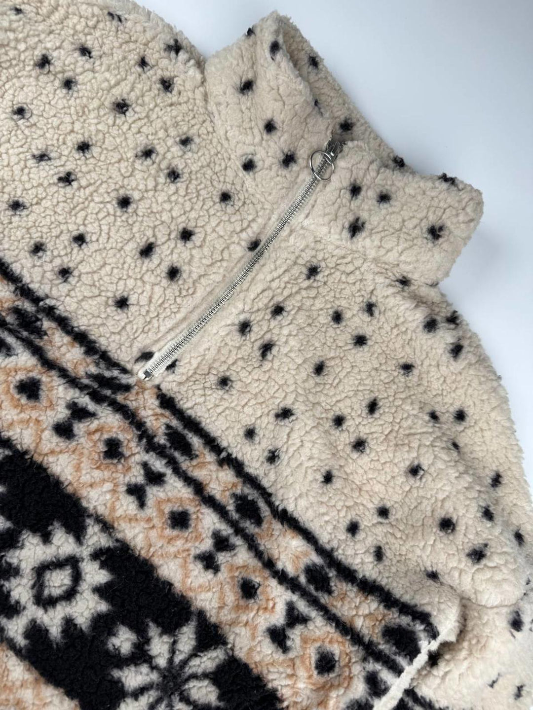 Vintage Fleece Jacket with Zip-Up Collar and Patterned Design