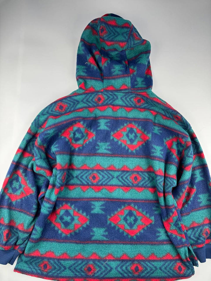 Vintage Hooded Fleece Pullover with Geometric Pattern