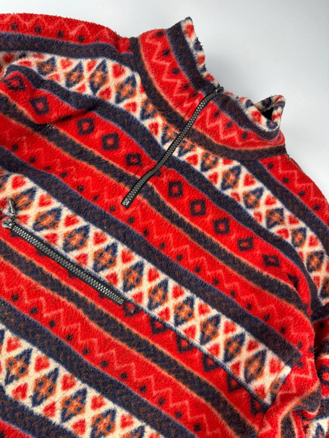 Vintage Red Patterned Fleece Jacket with Half-Zip and Front Pocket